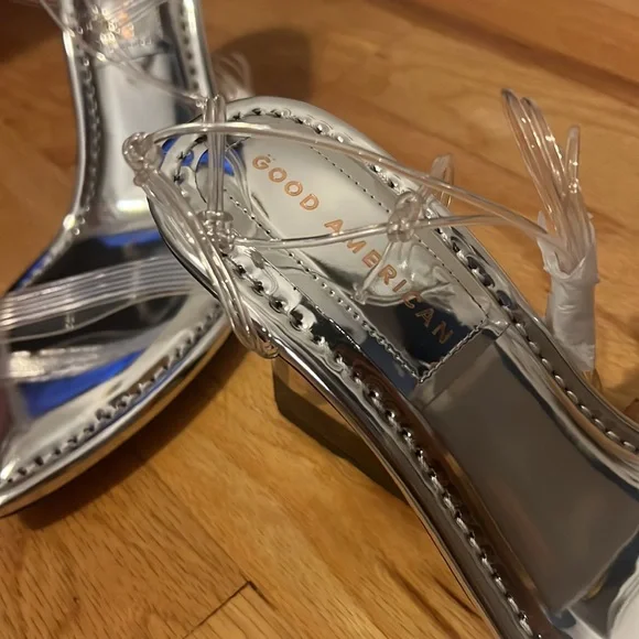 NIB Good American Silver Wedge Heels size 8.5